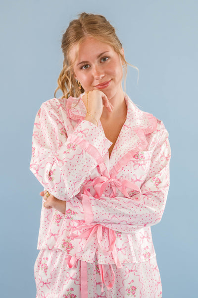 Women's Pink Bow Pajama Top- Floral Print Pajama Top- Women's Stain PJ Set