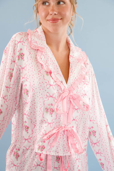 Women's Pink Bow Pajama Top- Floral Print Pajama Top- Women's Stain PJ Set