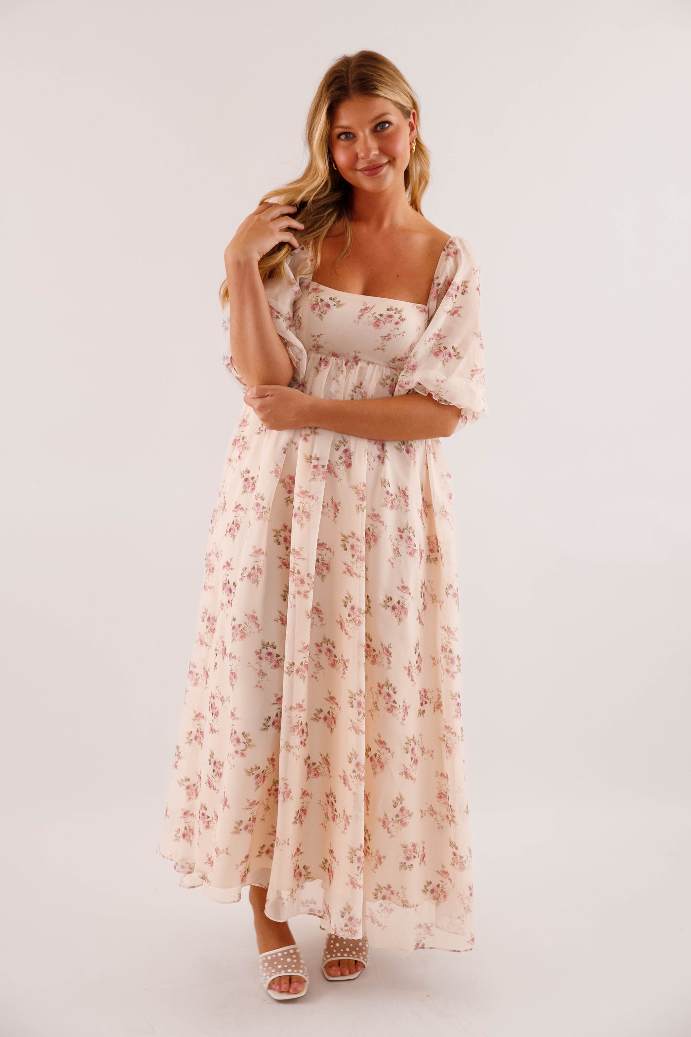 Square Neck 3/4 Sleeve Maxi Dress- Empire Waist Gathered Skirt Dress- Women's Pink Floral Maxi