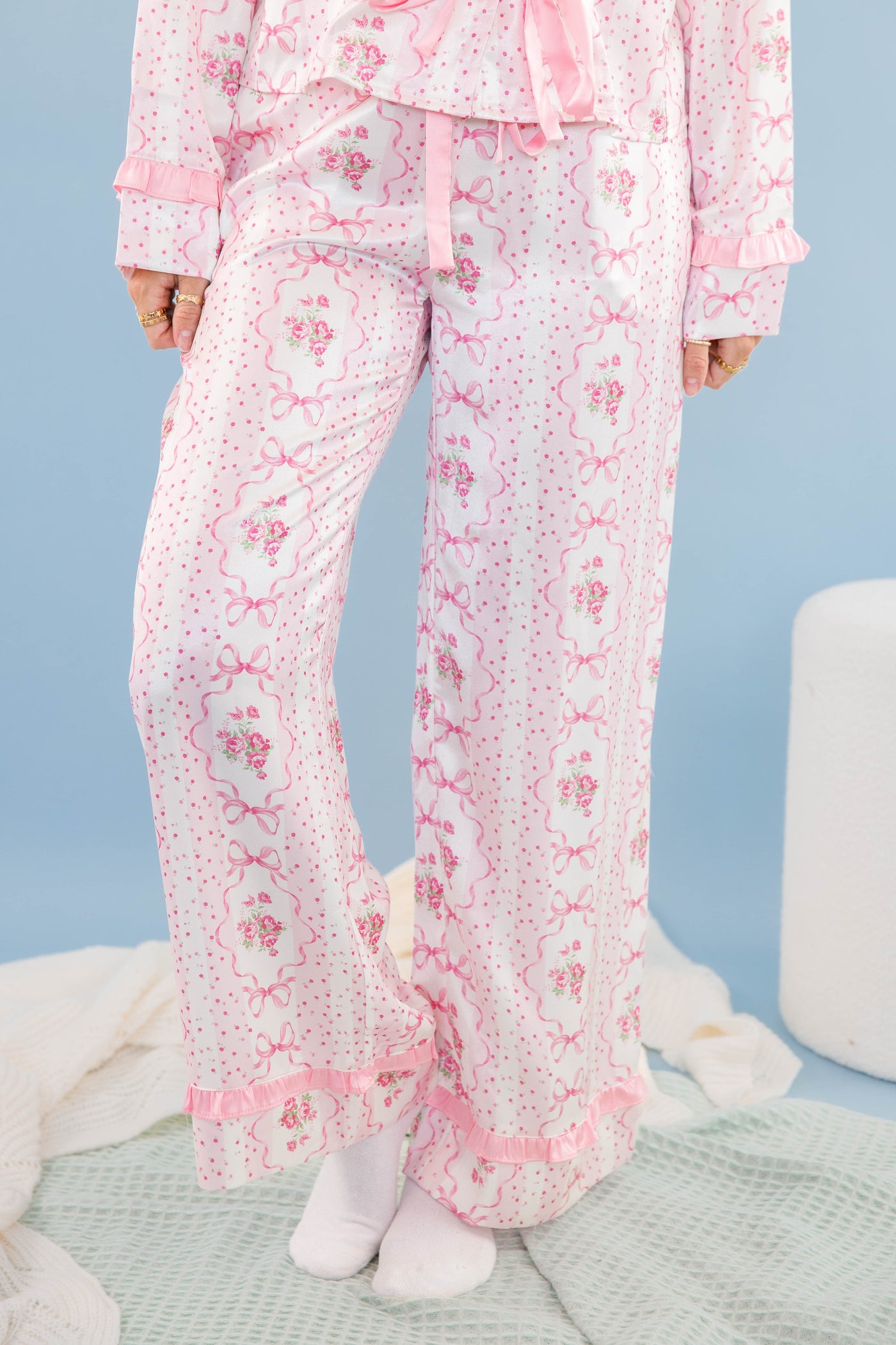 Women's Pink Bow Pajama Pants- Floral Print Pajama Bottoms- Women's Stain PJ Set
