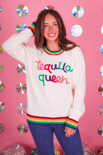 Women's Tequila Queen Sweater- Sparkle Rainbow Tequila Sweater- Main Strip Rainbow Sweater