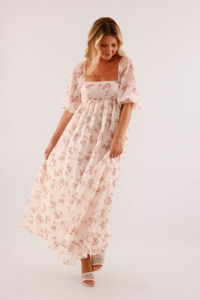 Square Neck 3/4 Sleeve Maxi Dress- Empire Waist Gathered Skirt Dress- Women's Pink Floral Maxi