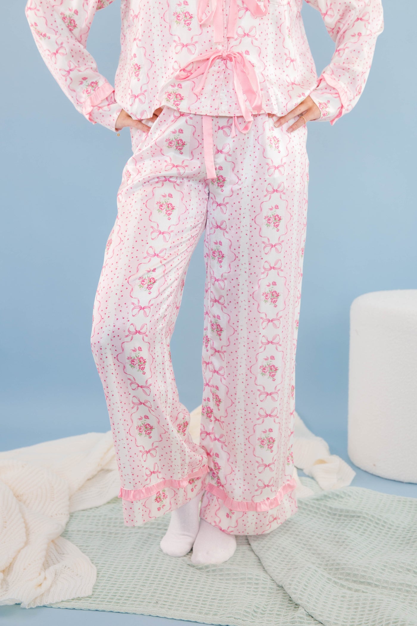 Women's Pink Bow Pajama Pants- Floral Print Pajama Bottoms- Women's Stain PJ Set
