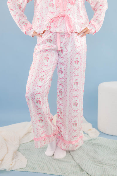 Women's Pink Bow Pajama Pants- Floral Print Pajama Bottoms- Women's Stain PJ Set