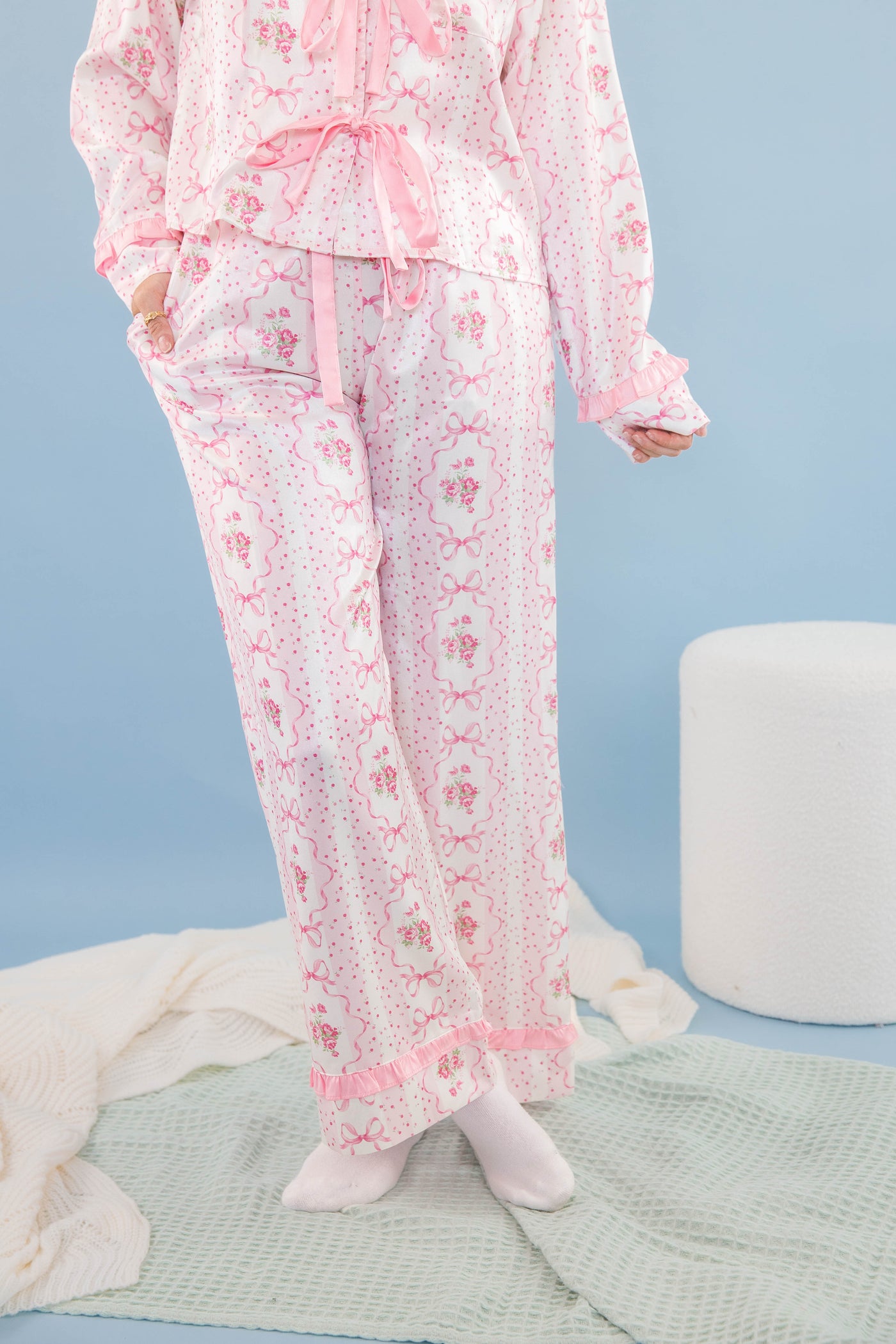 Women's Pink Bow Pajama Pants- Floral Print Pajama Bottoms- Women's Stain PJ Set