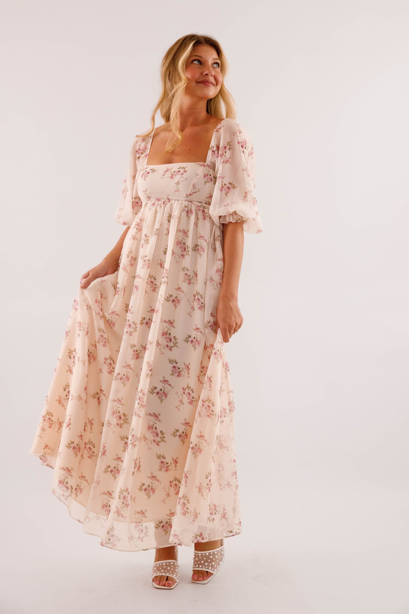 Square Neck 3/4 Sleeve Maxi Dress- Empire Waist Gathered Skirt Dress- Women's Pink Floral Maxi