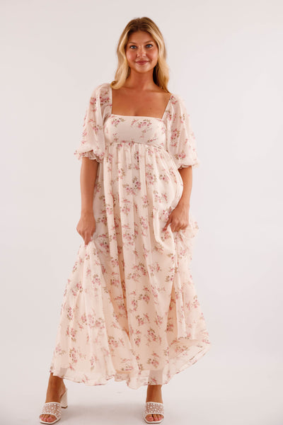 Square Neck 3/4 Sleeve Maxi Dress- Empire Waist Gathered Skirt Dress- Women's Pink Floral Maxi