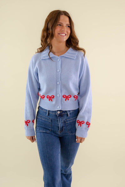 Women's Baby Blue Cardigan- Women's Red Bow Cardigan- Preppy Fall Tops