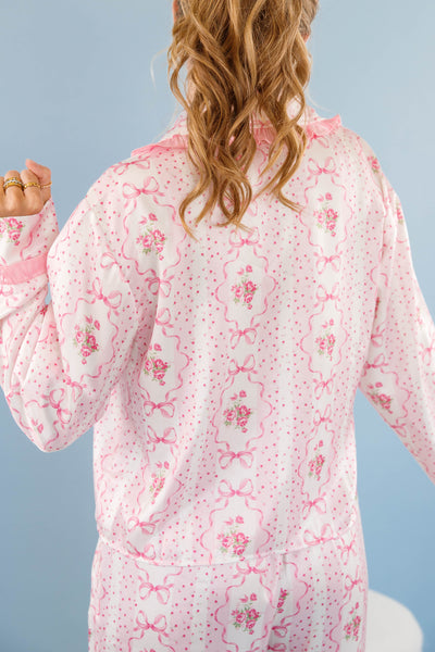 Women's Pink Bow Pajama Top- Floral Print Pajama Top- Women's Stain PJ Set