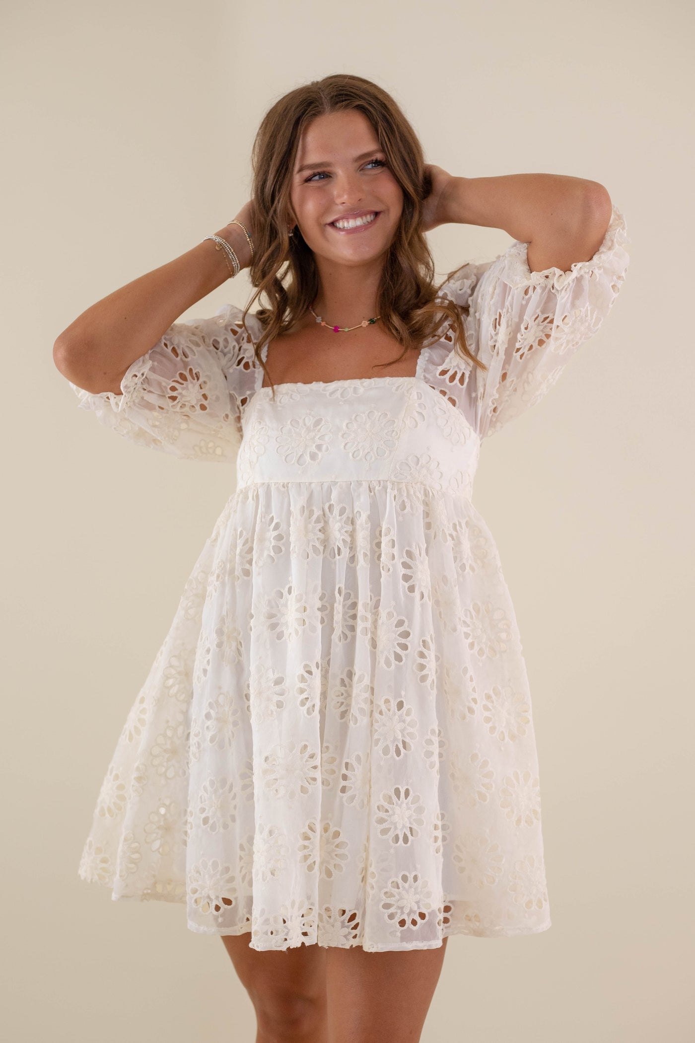 Women's Babydoll Mini Dress- Crochet Flower Dress- Storia Dresses