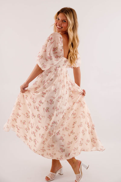 Square Neck 3/4 Sleeve Maxi Dress- Empire Waist Gathered Skirt Dress- Women's Pink Floral Maxi