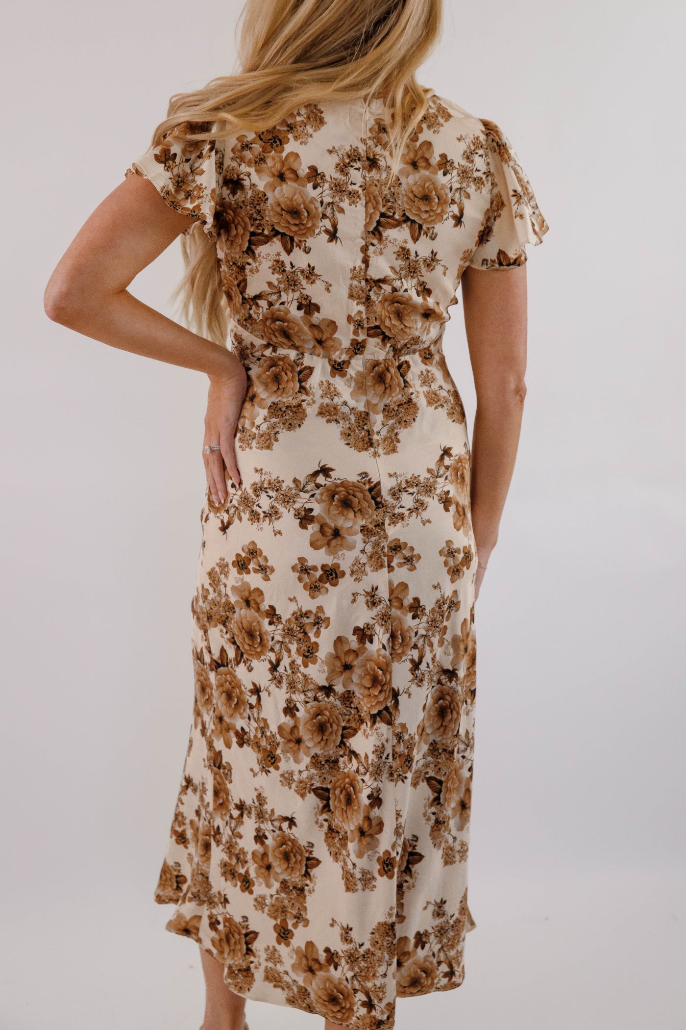 Women's Satin Like Floral Midi Dress- Women's Fall Midi Silky Dress- Storia Dresses