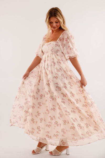 Square Neck 3/4 Sleeve Maxi Dress- Empire Waist Gathered Skirt Dress- Women's Pink Floral Maxi