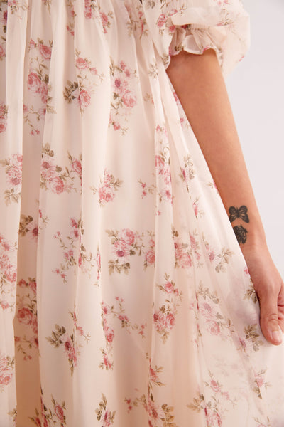 Square Neck 3/4 Sleeve Maxi Dress- Empire Waist Gathered Skirt Dress- Women's Pink Floral Maxi