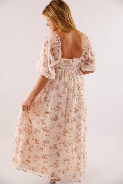 Square Neck 3/4 Sleeve Maxi Dress- Empire Waist Gathered Skirt Dress- Women's Pink Floral Maxi