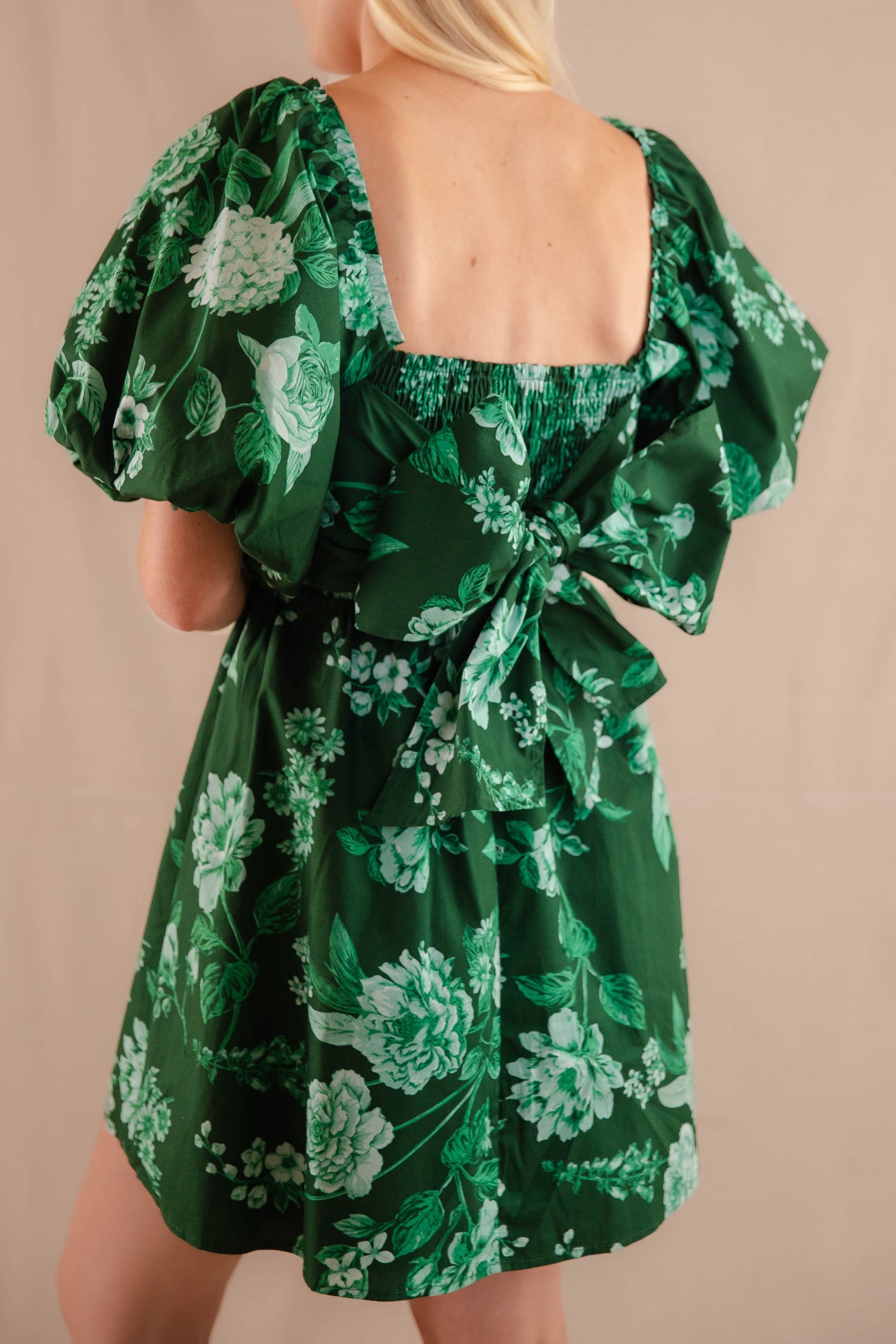 Puff Sleeve Babydoll Mini Dress- Women's Emerald Green Floral Dress- SugarLips Dress