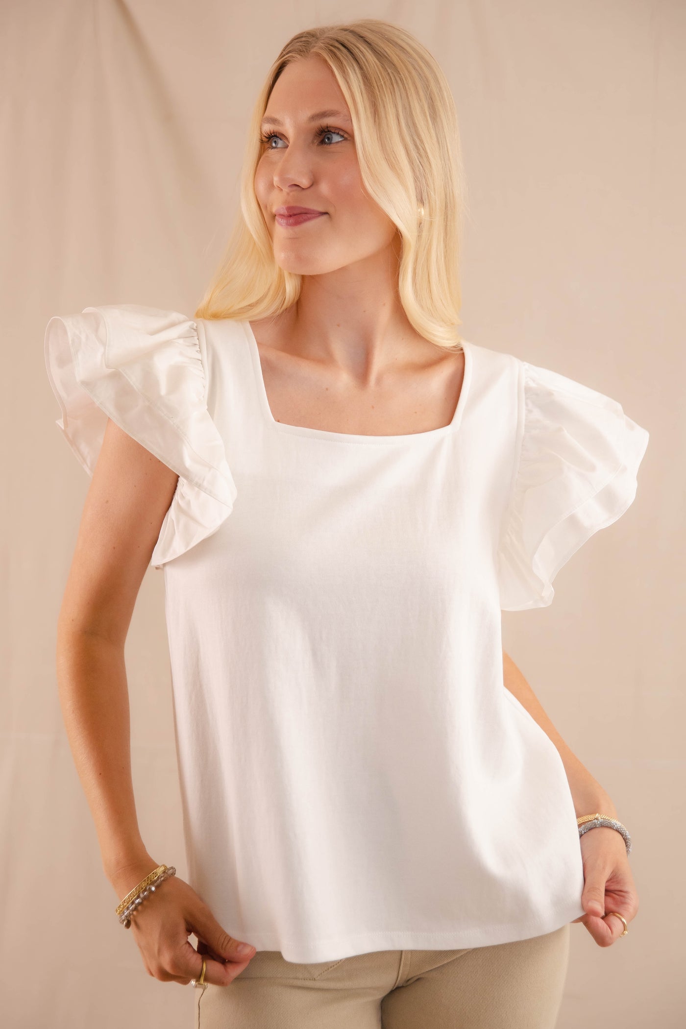 Women's White Ruffled Blouse - Women's Preppy Top - Jodifl Ruffled Top