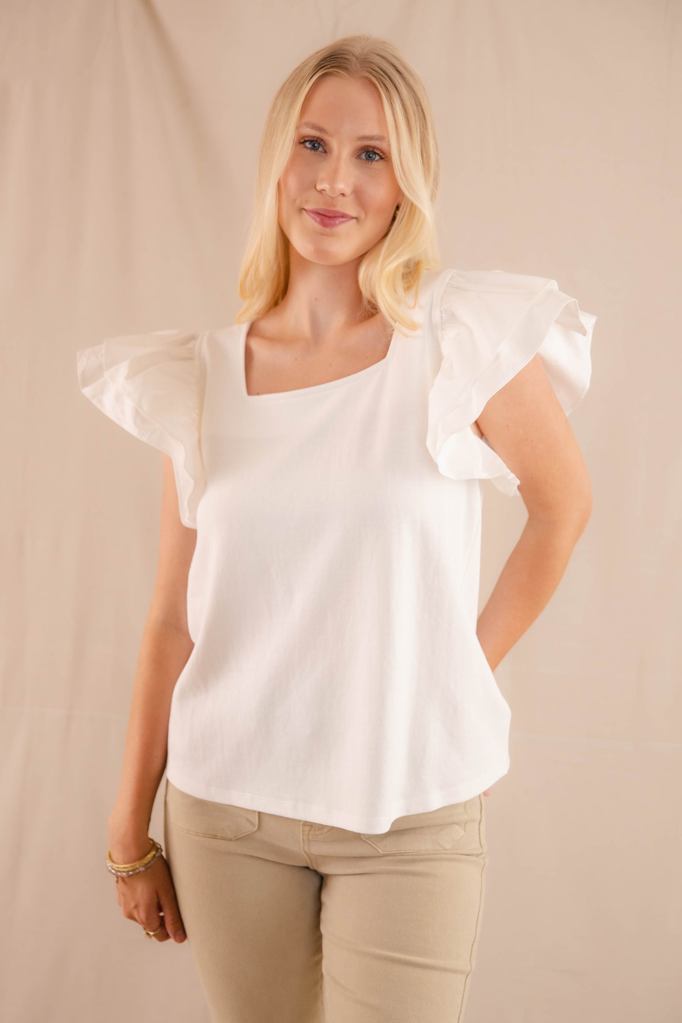 Women's White Ruffled Blouse - Women's Preppy Top - Jodifl Ruffled Top