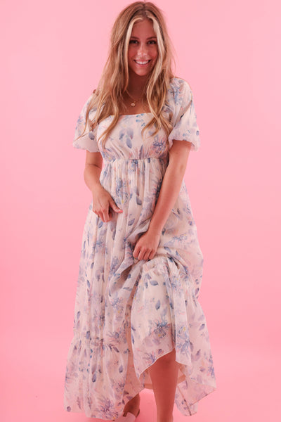  Watercolor Floral Print Maxi Dress- Women's Modest Dresses- Polagram Maxi Dress