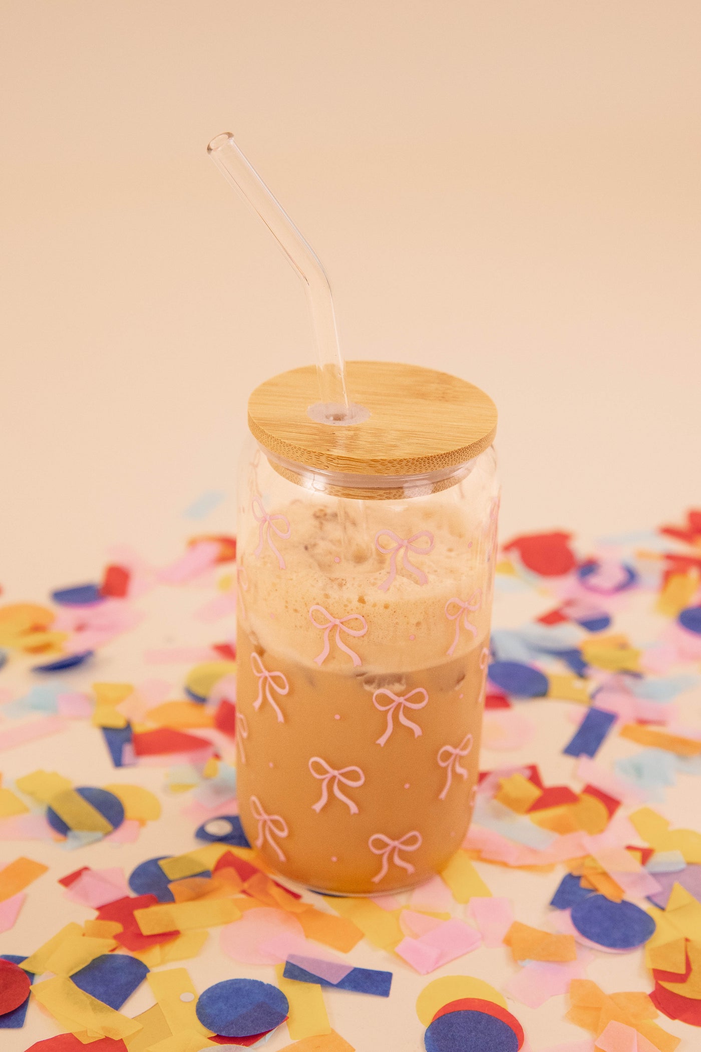 Pink Bow Latte Glass with Lid & Straw