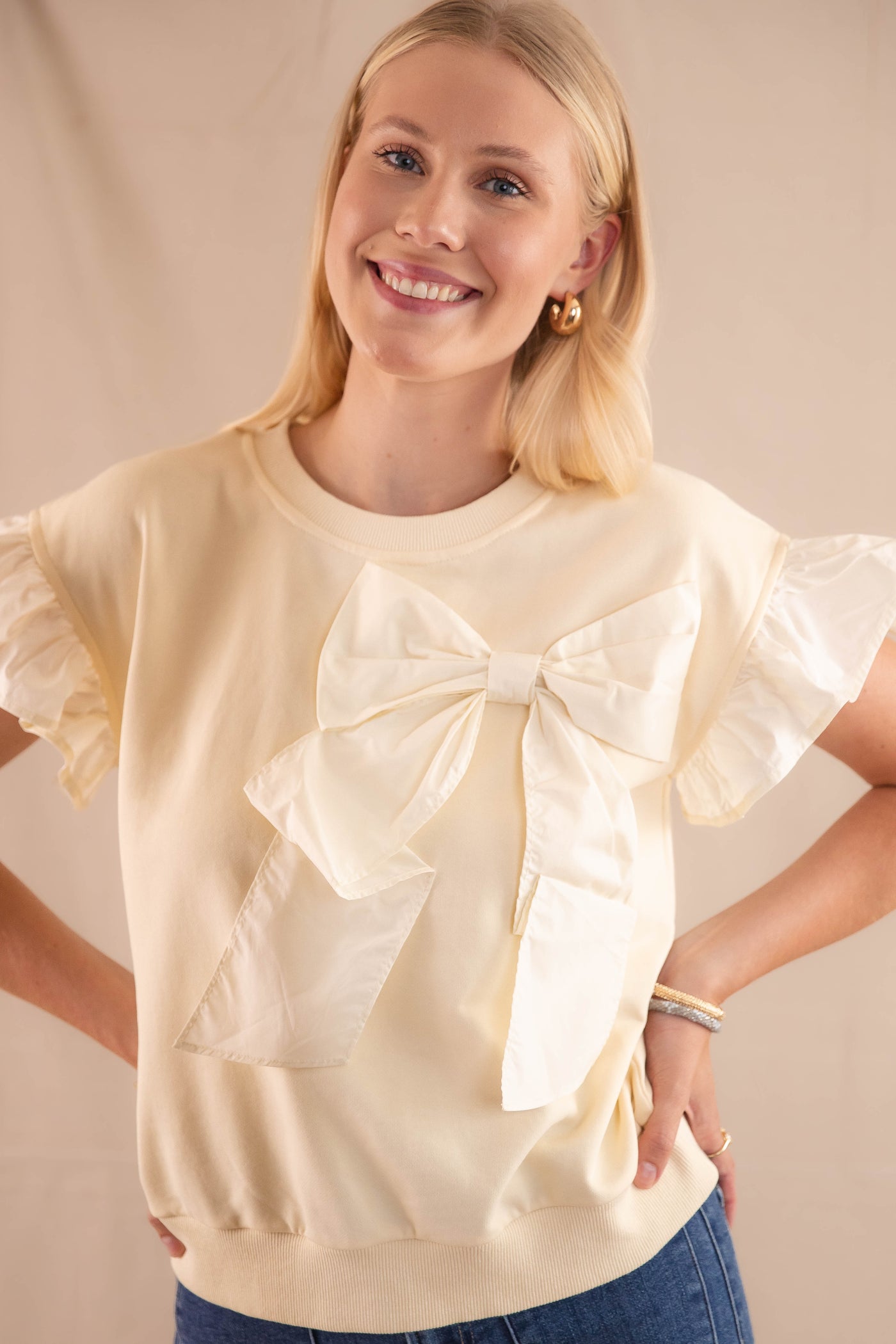 Poplin Bow Pullover Top- Women's Cream Bow Top