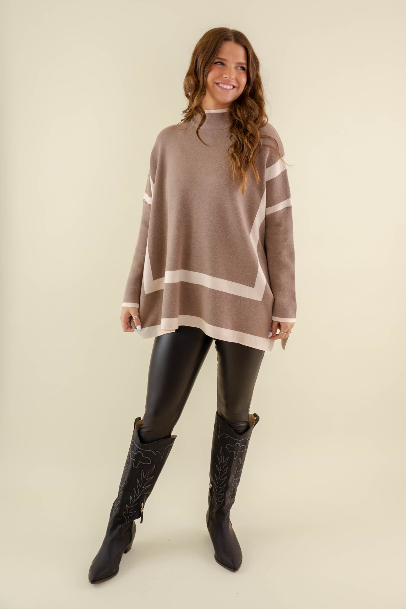 Women's Oversized Two Tone Sweater- Mockneck Brown Sweater- Entro Stripe Sweater