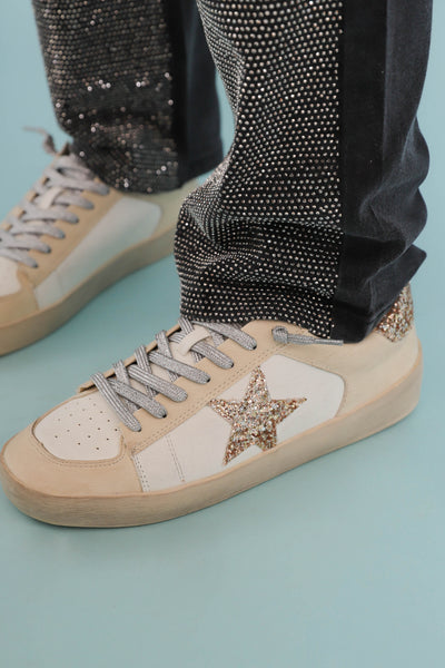 Trendy Star Sneakers- Women's GG Dupe Sneakers- Gold Star Distressed Sneakers