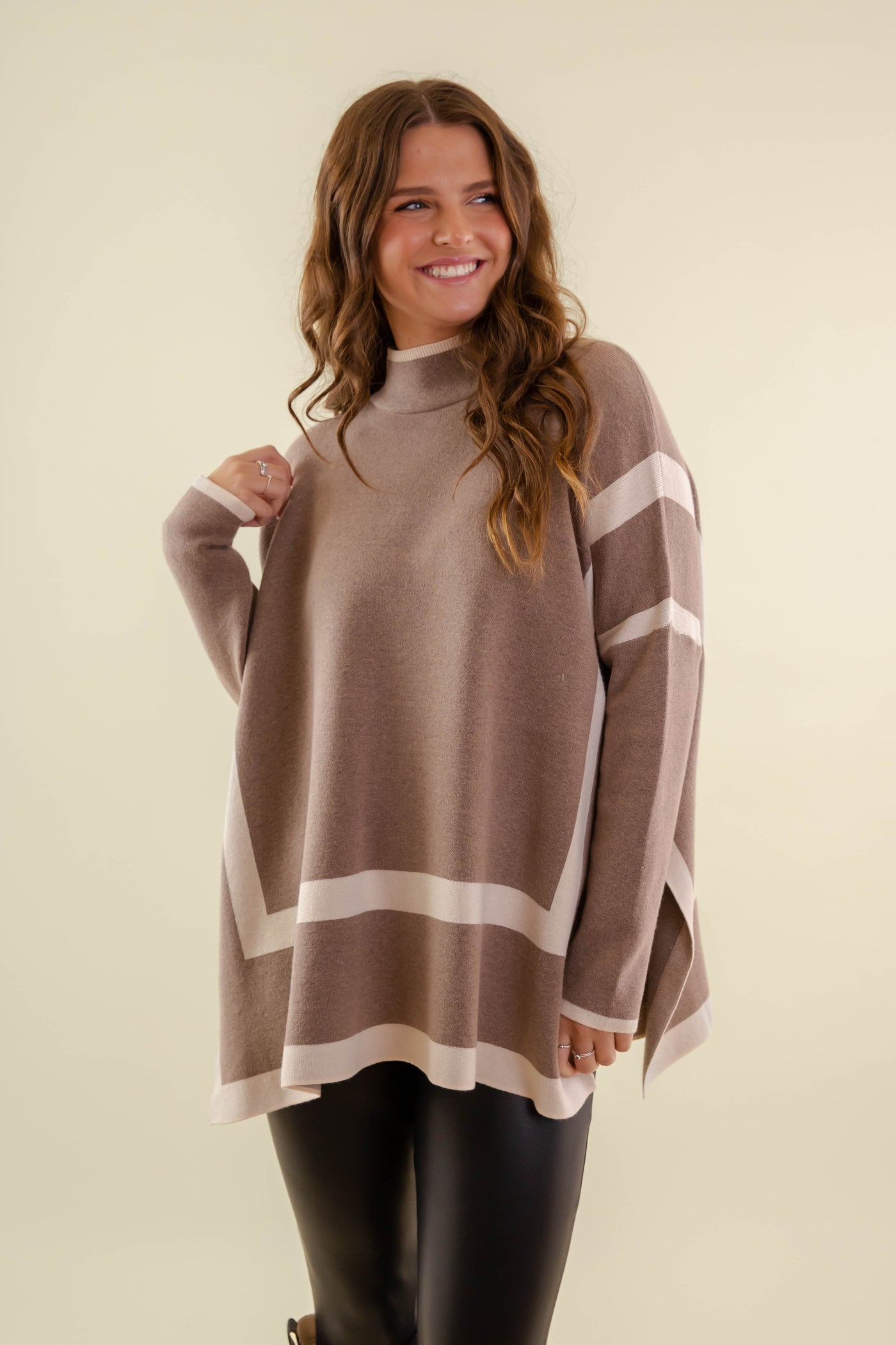 Women's Oversized Two Tone Sweater- Mockneck Brown Sweater- Entro Stripe Sweater