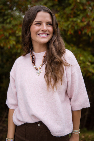 Short Sleeve Sweater Top- Women's Pale Pink Sweater- Women's Soft Sweaters