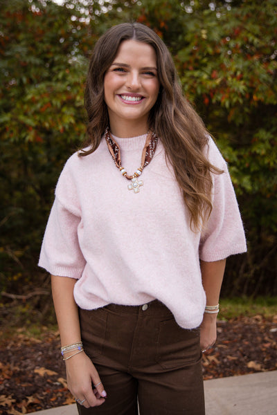 Short Sleeve Sweater Top- Women's Pale Pink Sweater- Women's Soft Sweaters