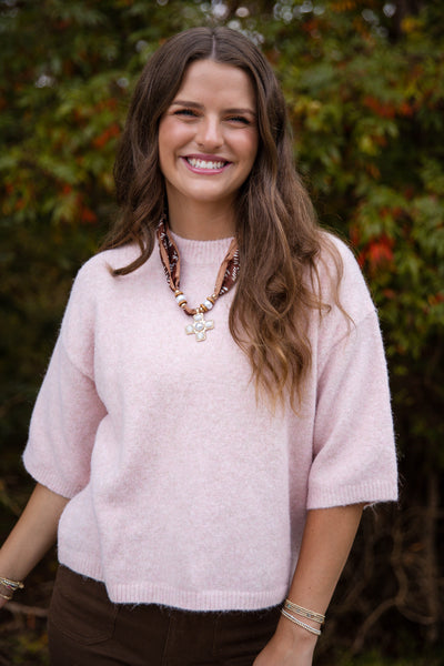 Short Sleeve Sweater Top- Women's Pale Pink Sweater- Women's Soft Sweaters