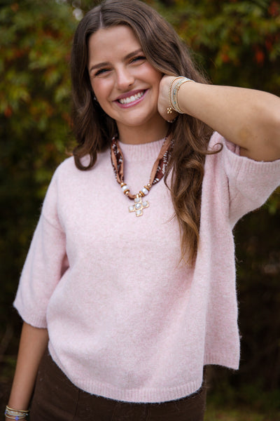 Short Sleeve Sweater Top- Women's Pale Pink Sweater- Women's Soft Sweaters