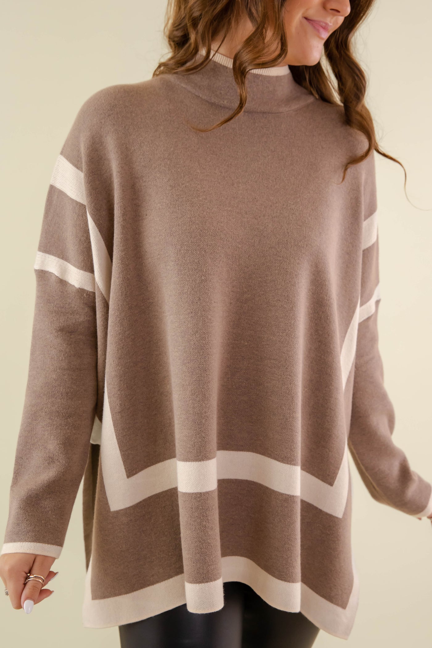 Women's Oversized Two Tone Sweater- Mockneck Brown Sweater- Entro Stripe Sweater