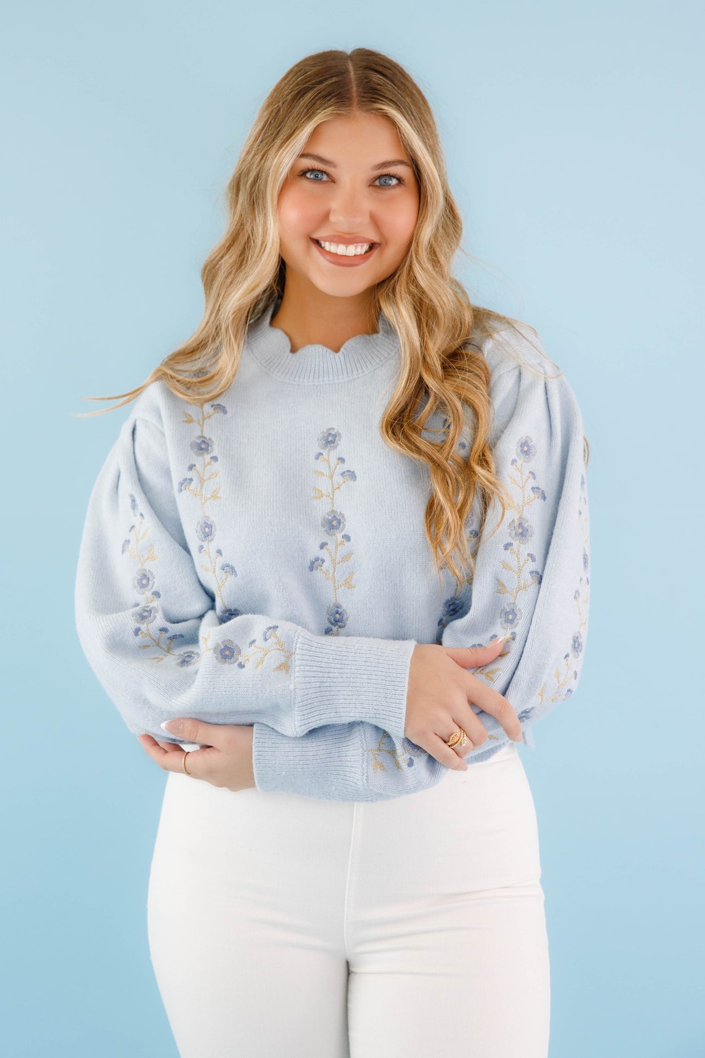 Baby Blue Scallop Sweater- Floral Embroidered Sweater- Women's Blue Flower Sweater