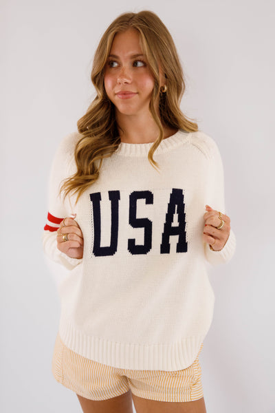 Women's Knitted USA Sweater- Coastal Style Sweater- Women's Preppy USA Sweater