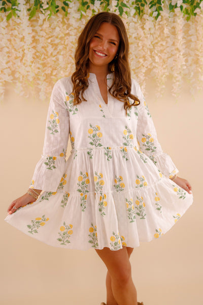Women's White Cotton Floral Mini Dress- Women's Spring Summer Dresses- Yellow and Green Flower Dress