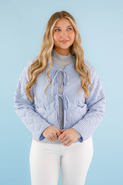 Blue and White Gingham Jacket- Women's Heart Pocket Quilted Jacket