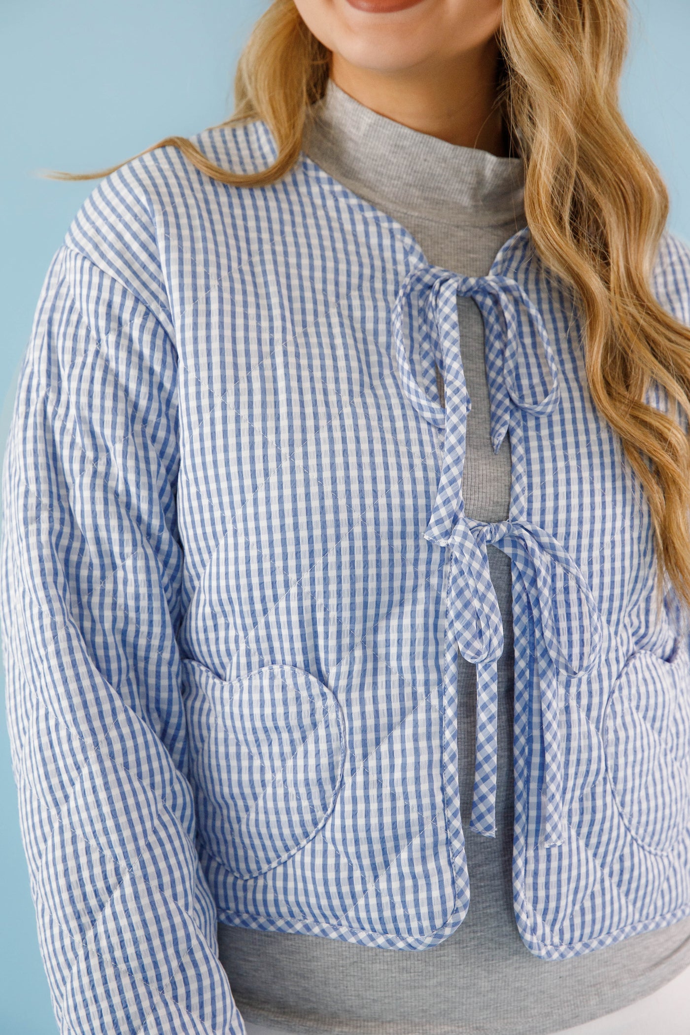 Blue and White Gingham Jacket- Women's Heart Pocket Quilted Jacket