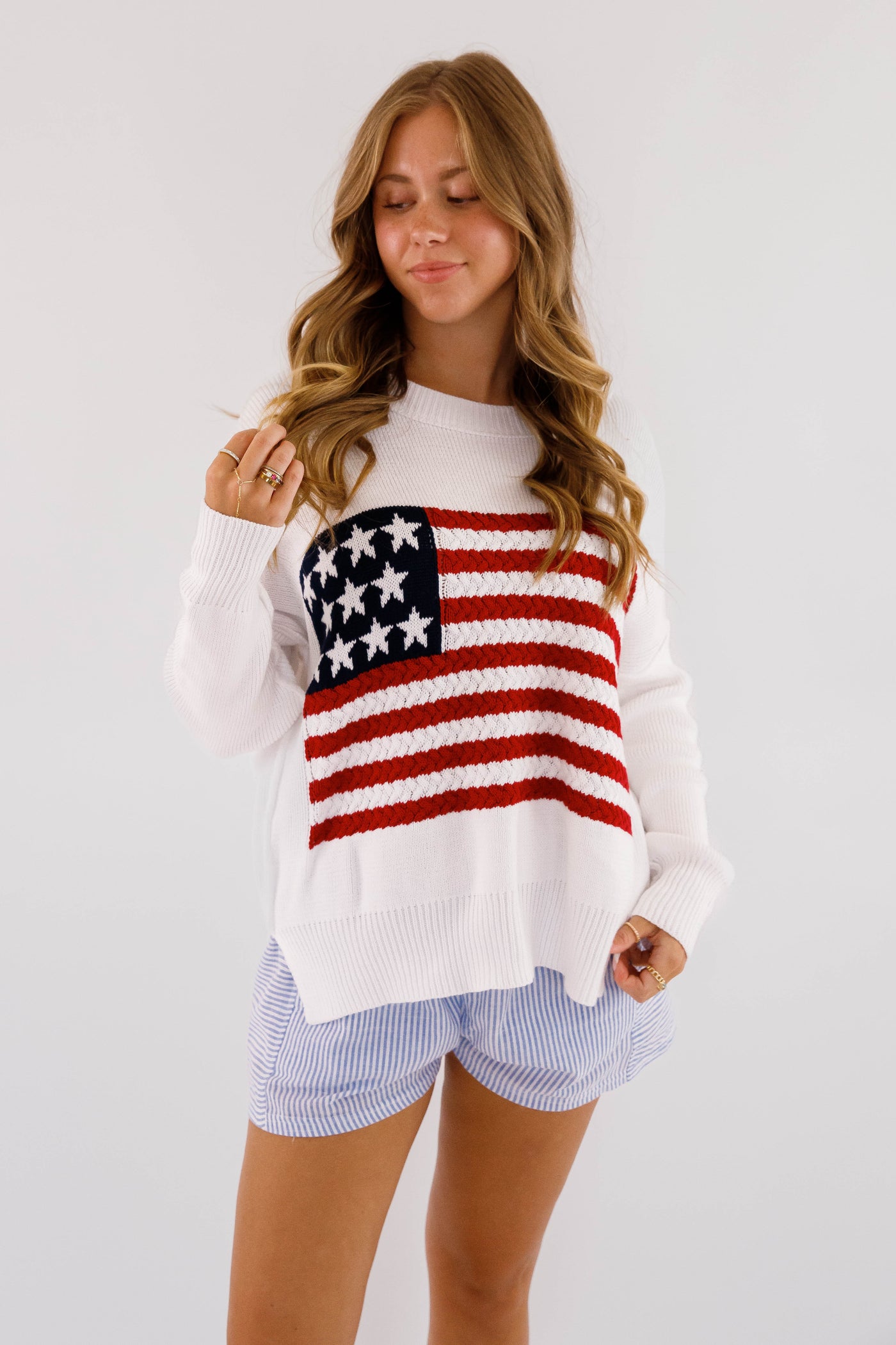 Women's American Flag Sweater- Oversized Flag Sweater- Americana Lightweight Sweater