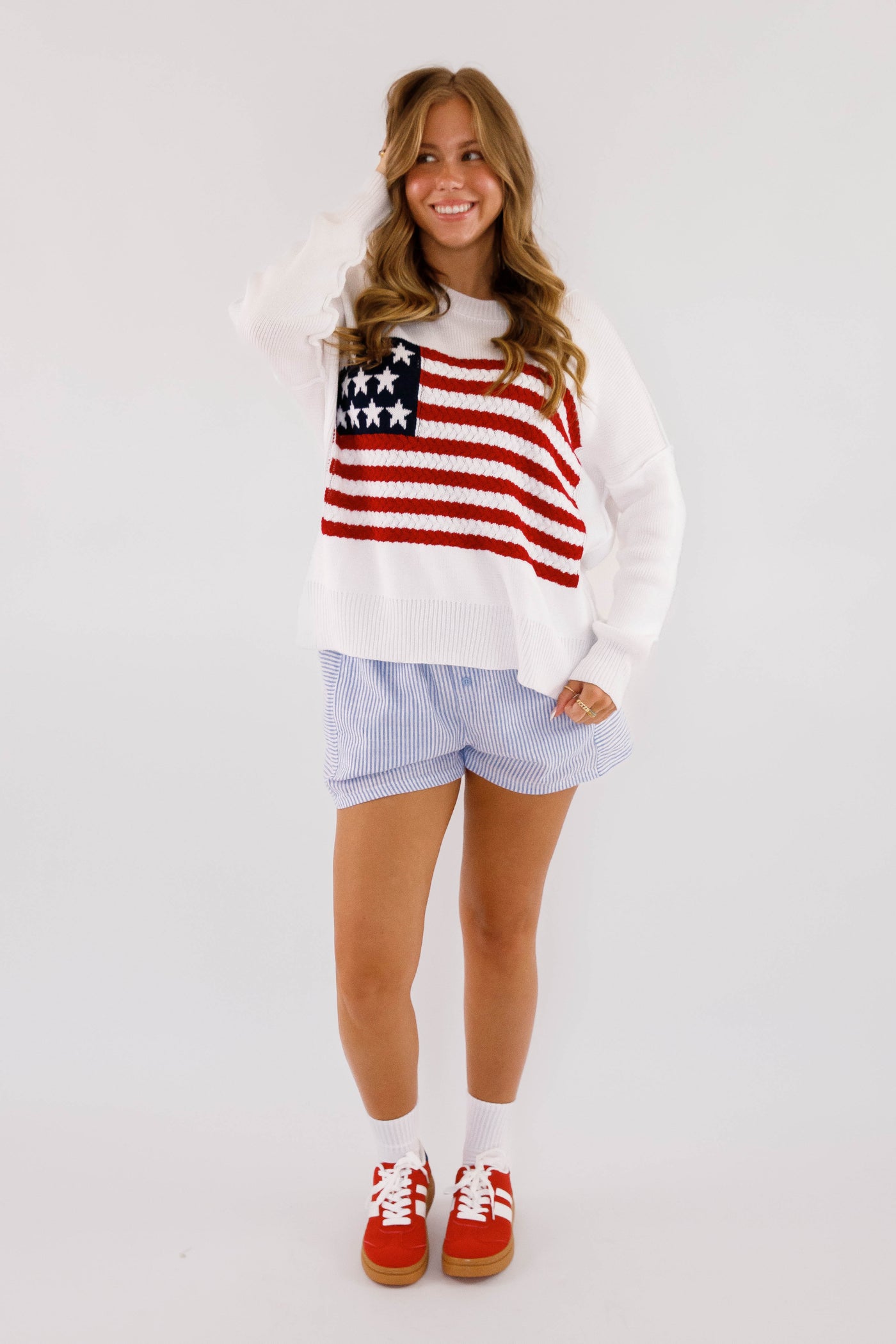 Women's American Flag Sweater- Oversized Flag Sweater- Americana Lightweight Sweater
