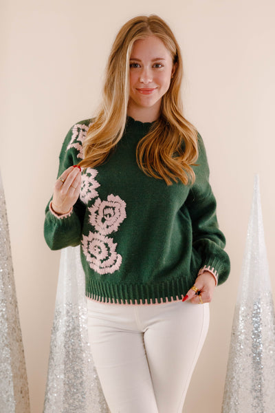 Hunter Green Embroidered Flower Sweater- Women's Pink and Green Sweater- &Merci Sweaters