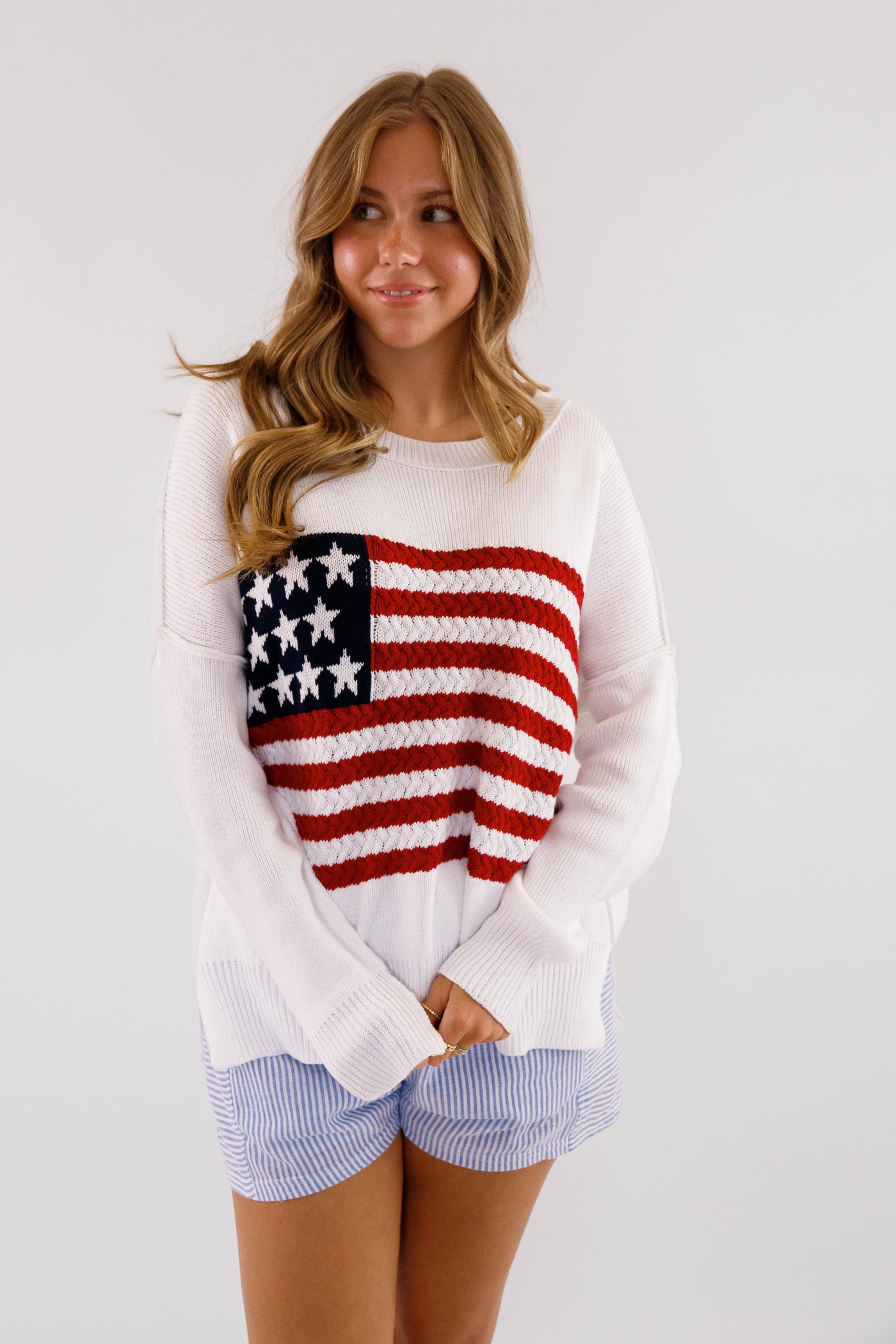 Women's American Flag Sweater- Oversized Flag Sweater- Americana Lightweight Sweater