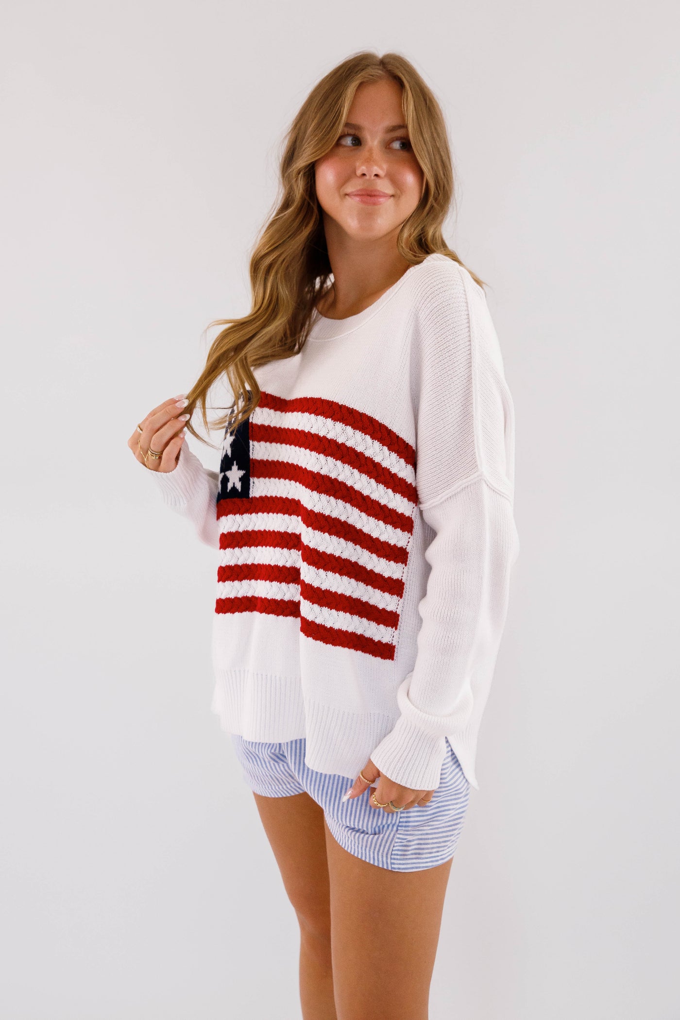 Women's American Flag Sweater- Oversized Flag Sweater- Americana Lightweight Sweater