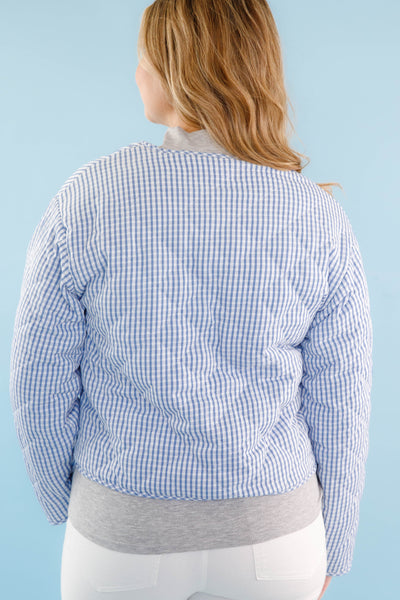 Blue and White Gingham Jacket- Women's Heart Pocket Quilted Jacket