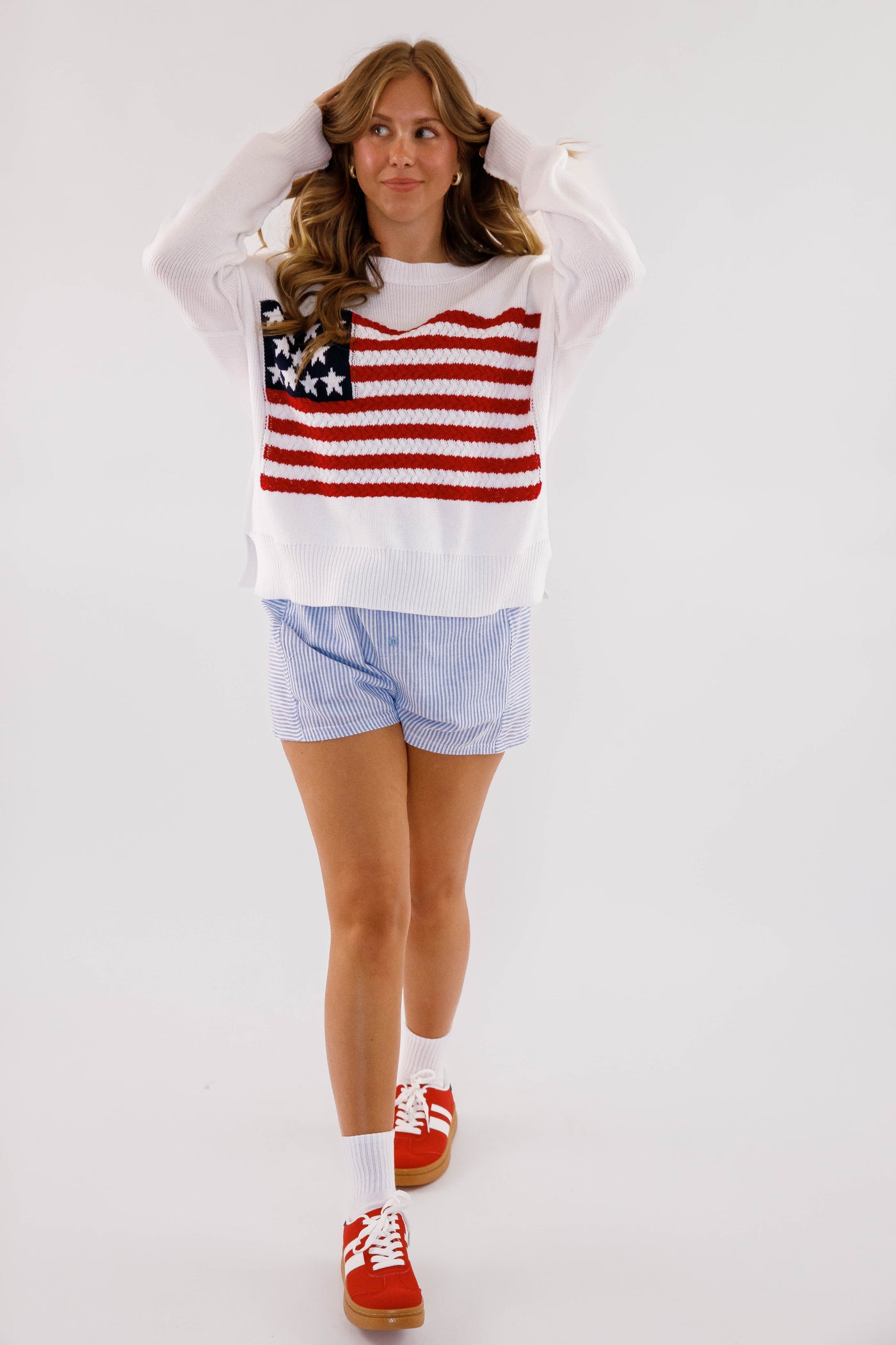 Women's American Flag Sweater- Oversized Flag Sweater- Americana Lightweight Sweater