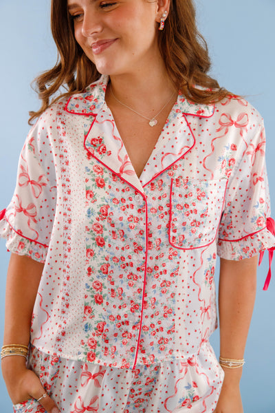 Women's Red Bow Pajama Top- Floral Print Pajama Set- Women's Satin Pajama Short Set