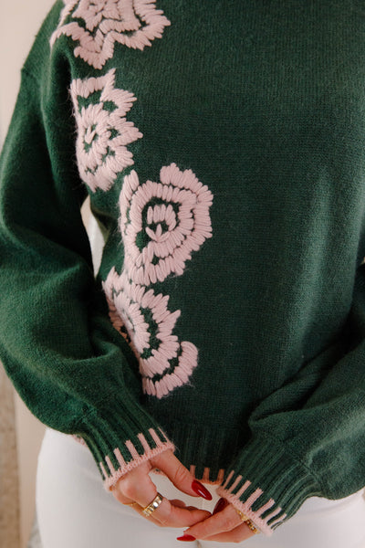 Hunter Green Embroidered Flower Sweater- Women's Pink and Green Sweater- &Merci Sweaters