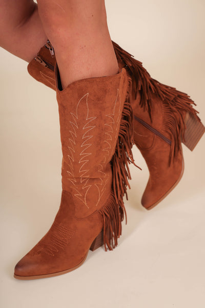 Women's Chestnut Western Boots- Fringe Suede Western Boots- Pierre Dumas Western Boots