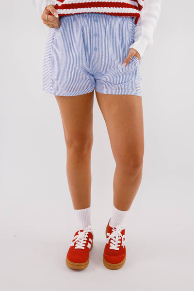 Women's Blue and White Stripe Boxer Shorts- Boxer Style Shorts for Women- Women's Striped Elastic Shorts