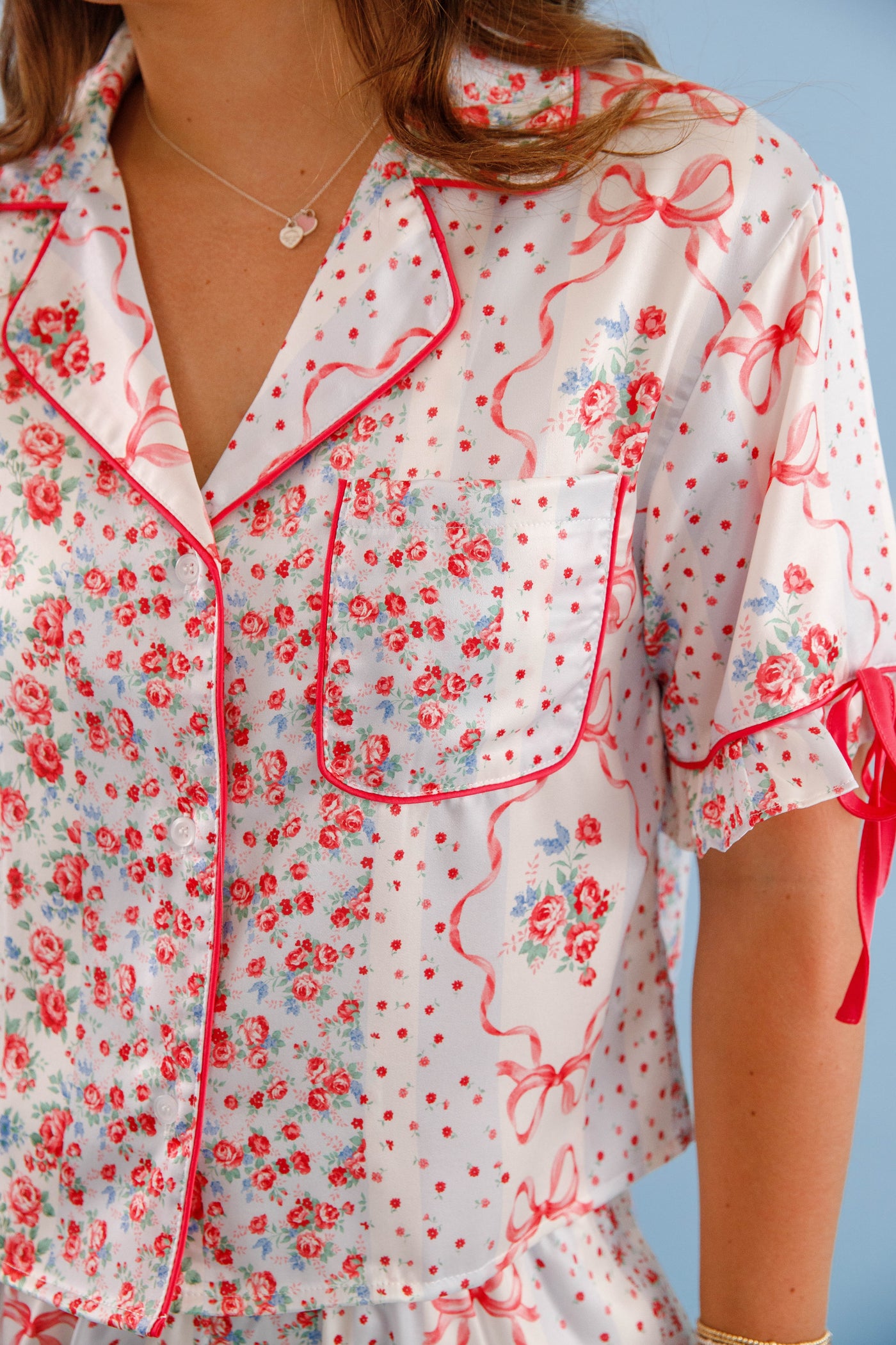 Women's Red Bow Pajama Top- Floral Print Pajama Set- Women's Satin Pajama Short Set